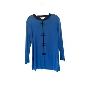 Misook Mature Dressy Blue Black Toggle Button Crewneck Knit Sweater‎ Cardigan